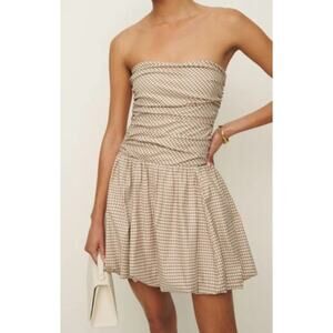 Reformation Clea Strapless Drop Waist Bubble Hem Gingham Check Mini Dress Tan 12